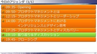 今日のアジェンダ（1/1）

09:3509:5012:1514:00-

Opening
プロダクトマネジメントとは
プロダクトマネジメントとリーダーシップ
プロダクトマネジメントにおける
インテリジェンスとデザイン思考
17:25- プロダクトマネジメントとディスカバリー
19:10- 振り返り＆ディスカッション
19:45- クロージング

Copyright © POStudy (プロダクトオーナーシップ勉強会). All rights reserved.

148

 