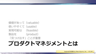 価値があって（valuable）
使いやすくて（usable）
実現可能な （feasible）
製品を
（product）
「見つけ出す」ことが重要

プロダクトマネジメントとは
Inspired日本語版 by Mare Azzurro, Inc. – はじめに
Copyright © POStudy (プロダクトオーナーシップ勉強会). All rights reserved.

34

 