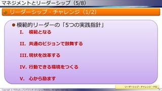 マネジメントとリーダーシップ（5/8）

リーダーシップ・チャレンジ（1/2）
 模範的リーダーの「5つの実践指針」
I.

模範となる

II. 共通のビジョンで鼓舞する
III. 現状を改革する
IV. 行動できる環境をつくる

V. 心から励ます
リーダーシップ・チャレンジ – P32
Copyright © POStudy (プロダクトオーナーシップ勉強会). All rights reserved.

76

 