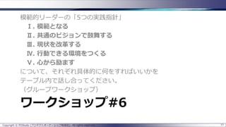 模範的リーダーの「5つの実践指針」
Ⅰ. 模範となる
Ⅱ. 共通のビジョンで鼓舞する
Ⅲ. 現状を改革する
Ⅳ. 行動できる環境をつくる
Ⅴ. 心から励ます
について、それぞれ具体的に何をすればいいかを
テーブル内で話し合ってください。
（グループワークショップ）

ワークショップ#6
Copyright © POStudy (プロダクトオーナーシップ勉強会). All rights reserved.

77

 
