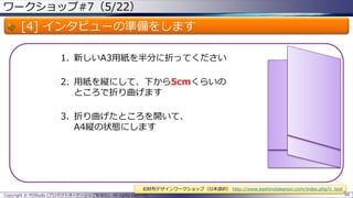 ワークショップ#7（5/22）

[4] インタビューの準備をします
1. 新しいA3用紙を半分に折ってください
2. 用紙を縦にして、下から5cmくらいの
ところで折り曲げます
3. 折り曲げたところを開いて、
A4縦の状態にします

お財布デザインワークショップ（日本語訳） http://www.kashinotakanori.com/index.php?c_tool
Copyright © POStudy (プロダクトオーナーシップ勉強会). All rights reserved.

99

 