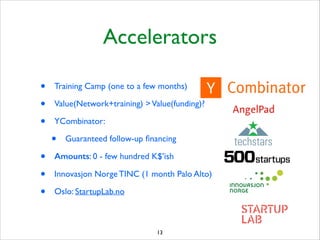 Accelerators
•
•
•

Training Camp (one to a few months)	

Value(Network+training)  Value(funding)?	

YCombinator:	


•
•
•
•

Guaranteed follow-up ﬁnancing	


Amounts: 0 - few hundred K$’ish	

Innovasjon Norge TINC (1 month Palo Alto)	

Oslo: StartupLab.no

13

 
