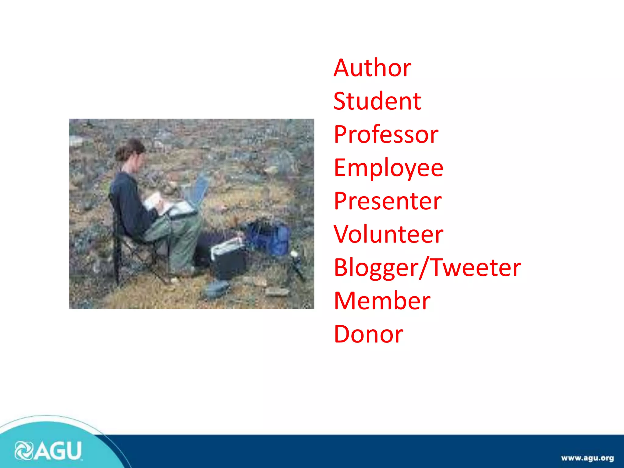 Author
Student
Professor
Employee
Presenter
Volunteer
Blogger/Tweeter
Member
Donor
