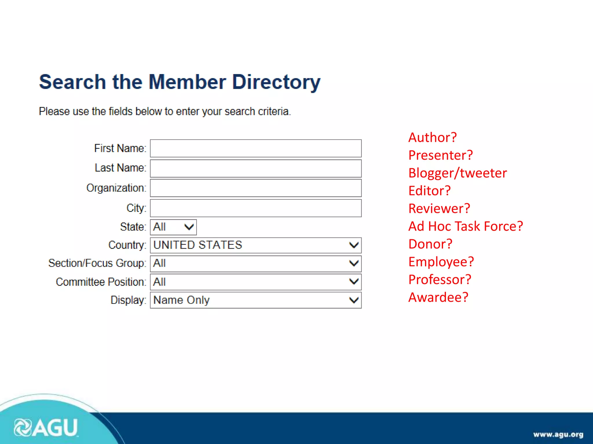 Author?
Presenter?
Blogger/tweeter
Editor?
Reviewer?
Ad Hoc Task Force?
Donor?
Employee?
Professor?
Awardee?