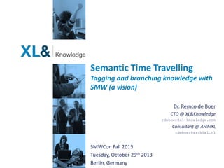 Semantic Time Travelling
Tagging and branching knowledge with
SMW (a vision)
Dr. Remco de Boer
CTO @ XL&Knowledge
rdeboer@xl-knowledge.com

Consultant @ ArchiXL
rdeboer@archixl.nl

SMWCon Fall 2013
Tuesday, October 29th 2013
Berlin, Germany

 