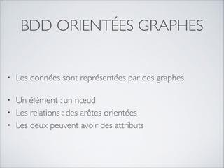 …

BDD ORIENTÉES GRAPHES
•

Les données sont représentées par des graphes 	


Un élément : un nœud	

• Les relations : des arêtes orientées	

• Les deux peuvent avoir des attributs
•

 