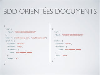 …

BDD ORIENTÉES DOCUMENTS
{	

"_id": {	


{	


"$oid": "52542F284206C5860EC02465"	


"_id": {	


},	


"$oid": "5253DE0E4206C5860EC02435"	


"emails": ["sdi@zenexity.com", "samy@dindane.com"],	


},	


"proﬁle": {	


"proﬁle": {	


"username": "Dinduks",	


"username": "Chuck",	


"ﬁrstname": "Samy",	


"birthDate": {	


"birthDate": {	


"$date": 453420000000.000000	


"$date": 453420000000.000000	


},	


},	


"city": "Paris"	


"gender": "m",	

}	

}

}	

}

 