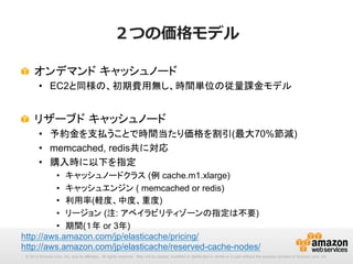 ２つの価格モデル
!   オンデマンド キャッシュノード
•  EC2と同様の、初期費用無し、時間単位の従量課金モデル

!   リザーブド キャッシュノード
•  予約金を支払うことで時間当たり価格を割引(最大70%節減)
•  memcached, redis共に対応
•  購入時に以下を指定
•  キャッシュノードクラス (例 cache.m1.xlarge)
•  キャッシュエンジン ( memcached or redis)
•  利用率(軽度、中度、重度)
•  リージョン (注: アベイラビリティゾーンの指定は不要)
•  期間(１年 or 3年)
http://aws.amazon.com/jp/elasticache/pricing/
http://aws.amazon.com/jp/elasticache/reserved-cache-nodes/
© 2013 Amazon.com, Inc. and its affiliates. All rights reserved. May not be copied, modified or distributed in whole or in part without the express consent of Amazon.com, Inc.

 
