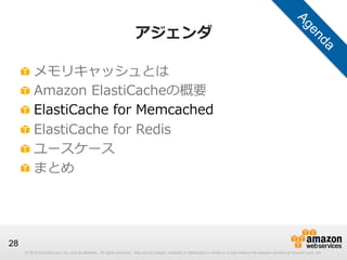 アジェンダ
!
!
!
!
!
!

  メモリキャッシュとは
  Amazon  ElastiCacheの概要
  ElastiCache  for  Memcached
  ElastiCache  for  Redis
  ユースケース
  まとめ

28
© 2013 Amazon.com, Inc. and its affiliates. All rights reserved. May not be copied, modified or distributed in whole or in part without the express consent of Amazon.com, Inc.

 