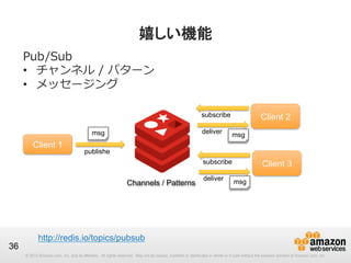 嬉しい機能
Pub/Sub
•  チャンネル  /  パターン
•  メッセージング
subscribe
deliver

msg

Client 1

Client 2
msg

publishe
subscribe

Channels / Patterns

36

deliver

Client 3
msg

http://redis.io/topics/pubsub 	
© 2013 Amazon.com, Inc. and its affiliates. All rights reserved. May not be copied, modified or distributed in whole or in part without the express consent of Amazon.com, Inc.

 