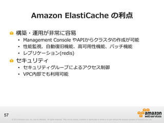 Amazon  ElastiCache  の利利点
!   構築・運⽤用が⾮非常に容易易

•  Management  Console  やAPIからクラスタの作成が可能
•  性能監視、⾃自動復復旧機能、⾼高可⽤用性機能、パッチ機能
•  レプリケーション(redis)

!   セキュリティ

•  セキュリティグループによるアクセス制御
•  VPC内部でも利利⽤用可能

57
© 2013 Amazon.com, Inc. and its affiliates. All rights reserved. May not be copied, modified or distributed in whole or in part without the express consent of Amazon.com, Inc.

 