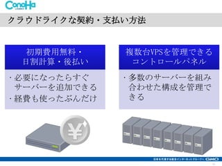 クラウドライクな契約・支払い方法

初期費用無料・
日割計算・後払い

複数台VPSを管理できる
コントロールパネル

• 必要になったらすぐ
サーバーを追加できる
• 経費も使ったぶんだけ

• 多数のサーバーを組み
合わせた構成を管理で
きる

11

 