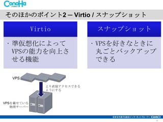 そのほかのポイント2 ─ Virtio / スナップショット

Virtio
• 準仮想化によって
VPSの能力を向上さ
せる機能

スナップショット
• VPSを好きなときに
丸ごとバックアップ
できる

VPS
より直接アクセスできる
ようにする

VPSを載せている
物理サーバー

16

 