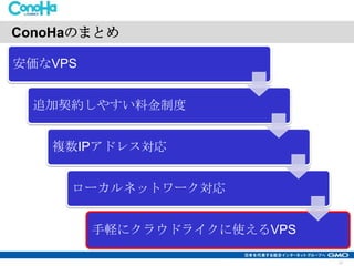 ConoHaのまとめ
安価なVPS
追加契約しやすい料金制度
複数IPアドレス対応

ローカルネットワーク対応
手軽にクラウドライクに使えるVPS
17

 