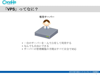 「VPS」ってなに？
専用サーバー

• 一台のサーバーを一人で占有して利用する
• なんでも自由にできる
• サーバーの管理構築の手間はすべて自分で対応

3

 