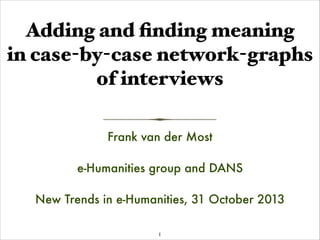 Adding and ﬁnding meaning
in case-by-case network-graphs
of interviews
Frank van der Most
!

e-Humanities group and DANS
!

New Trends in e-Humanities, 31 October 2013
1

 
