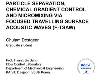 Ghulam Destgeer
Graduate student
PARTICLE SEPARATION,
CHEMICAL GRADIENT CONTROL
AND MICROMIXING VIA
FOCUSED TRAVELLING SURFACE
ACOUSTIC WAVES (F-TSAW)
Prof. Hyung Jin Sung
Flow Control Laboratory
Department of Mechanical Engineering,
KAIST, Daejeon, South Korea.
 