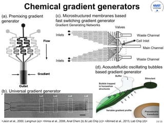 10/18
Chemical gradient generators
<Jeon et al., 2000, Langmuir (a)> <Irimia et al., 2006, Anal Chem (b) & Lab Chip (c)> <Ahmed et al., 2013, Lab Chip (d)>
(b). Universal gradient generator
(d). Acoustofluidic oscillating bubbles
based gradient generator
(c). Microstructured membranes based
fast switching gradient generator
(a). Premixing gradient
generator
 