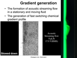 14/18
Gradient generation
? The formation of acoustic streaming flow
in a stationary and moving fluid
? The generation of fast switching chemical
gradient profile
<Destgeer et al., Submitted>
Slowed down
 