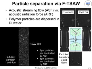 6/18
Particle separation via F-TSAW
? Acoustic streaming flow (ASF) vs.
acoustic radiation force (ARF)
? Polymer particles are dispersed in
DI water
<Destgeer et al., 2013, Lab Chip>
Particles
diameter
1 and 5?m
? 1?m particles
are dominated
by ASF
? 5?m particles
are dominated
by ARF
Particles
diameters
3 and
10?m
 