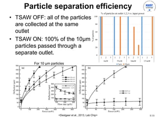 8/18
Particle separation efficiency
? TSAW OFF: all of the particles
are collected at the same
outlet
? TSAW ON: 100% of the 10?m
particles passed through a
separate outlet.
<Destgeer et al., 2013, Lab Chip>
For 10 ?m particles
 