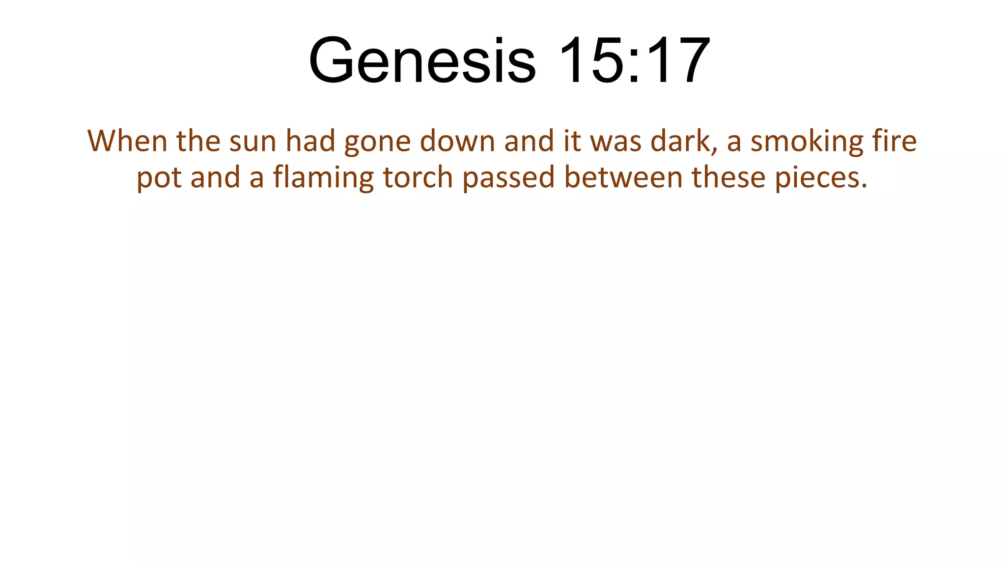 Genesis 15:17
When the sun had gone down and it was dark, a smoking fire
pot and a flaming torch passed between these pieces.
 