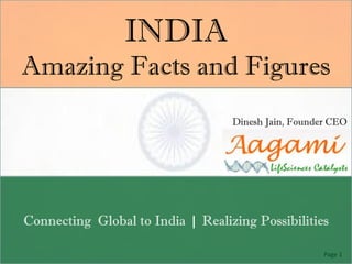 INDIA
Amazing Facts and Figures
                                   Dinesh Jain, Founder CEO




Connecting Global to India | Realizing Possibilities

                                                      Page 1
 