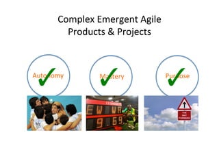 Complex	
  Emergent	
  Agile	
  
Products	
  &	
  Projects	
  

✓	
  

Autonomy	
  

✓	
  

Mastery	
  

✓	
  

Purpose	
  

 
