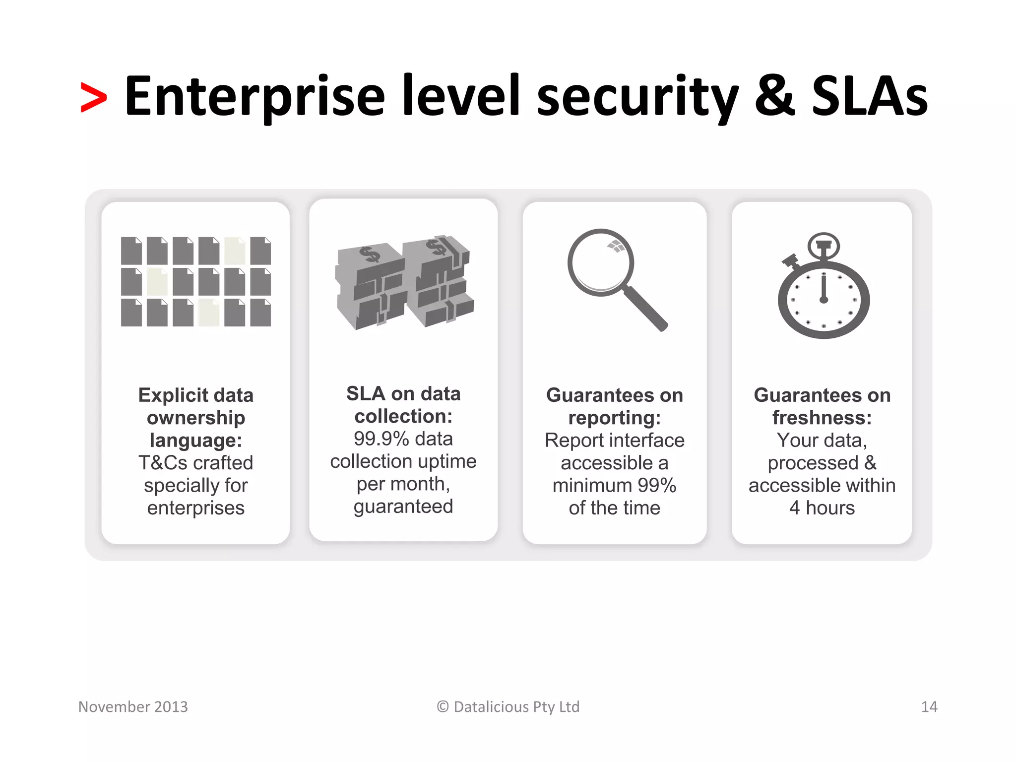> Enterprise level security & SLAs

Explicit data
ownership
language:
T&Cs crafted
specially for
enterprises

November 2013

SLA on data
collection:
99.9% data
collection uptime
per month,
guaranteed

Guarantees on
reporting:
Report interface
accessible a
minimum 99%
of the time

© Datalicious Pty Ltd

Guarantees on
freshness:
Your data,
processed &
accessible within
4 hours

14

 