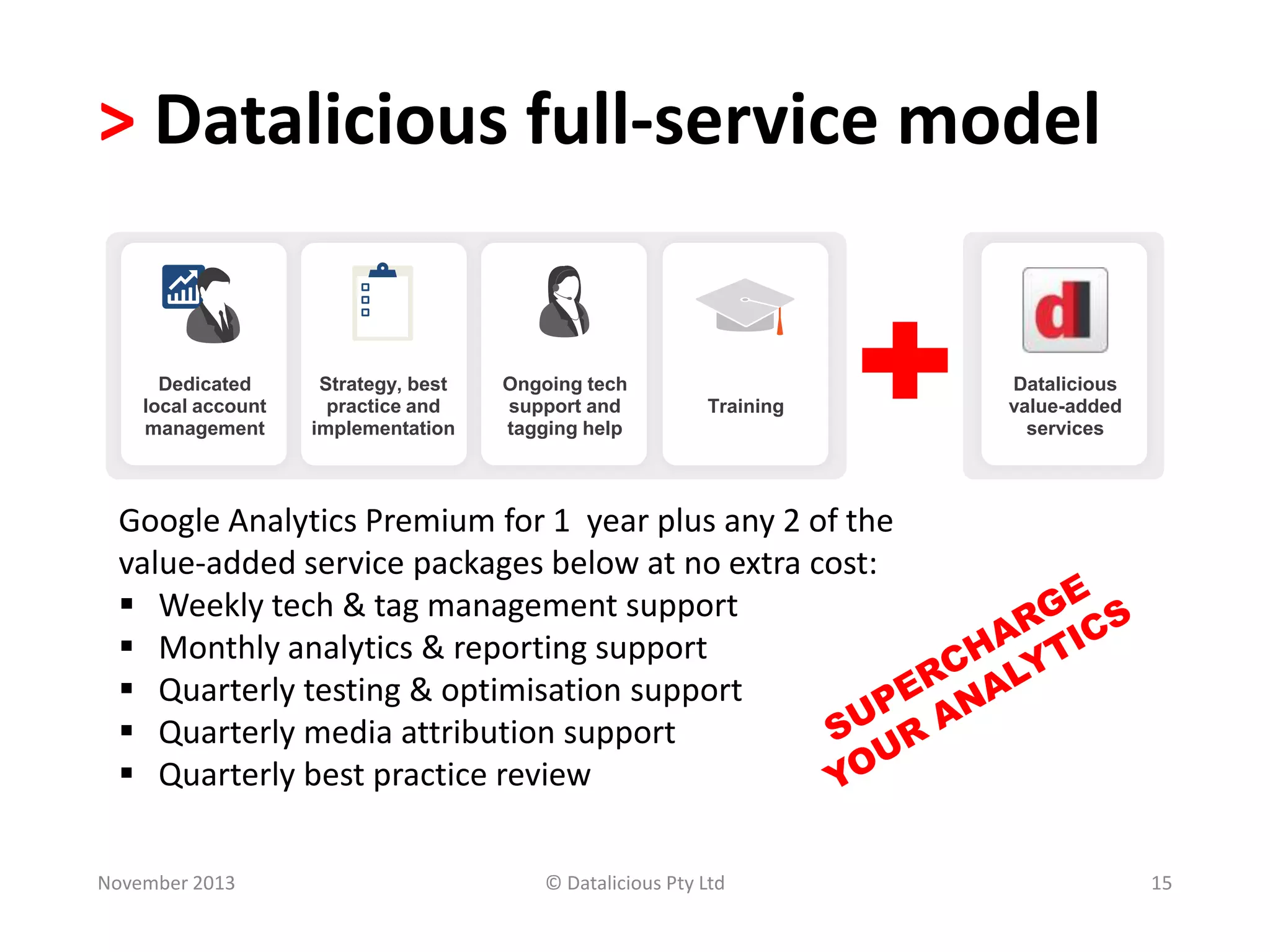 > Datalicious full-service model

Dedicated
local account
management

Strategy, best
practice and
implementation

Ongoing tech
support and
tagging help

Training

Datalicious
value-added
services

Google Analytics Premium for 1 year plus any 2 of the
value-added service packages below at no extra cost:
 Weekly tech & tag management support
 Monthly analytics & reporting support
 Quarterly testing & optimisation support
 Quarterly media attribution support
 Quarterly best practice review
November 2013

© Datalicious Pty Ltd

15

 