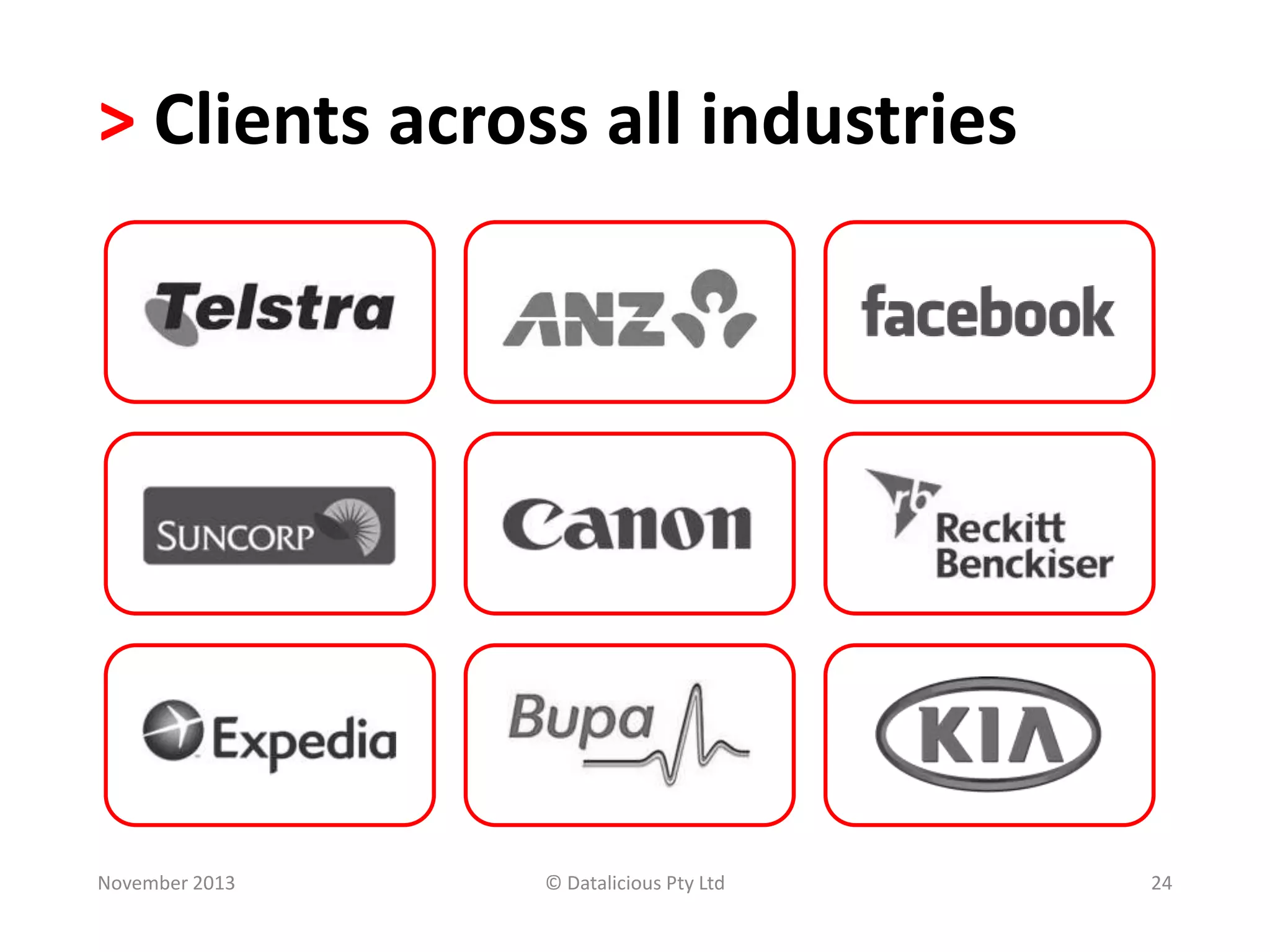 > Clients across all industries

November 2013

© Datalicious Pty Ltd

24

 