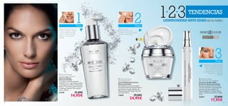 a
b
c
1918
a Diamond Cellular
Micellar Solution Cleanser
Solución Micelar
Diamond Cellular
Una lujosa y exclusiva solución
limpiadora 3 en 1 que limpia, tonifica
y desmaquilla con Elixir de Diamante
Blanco™. Su textura aporta frescura
y limpieza al instante. No necesita
aclarar. 200 ml.
21339 21,00€
 14,95€
b Diamond Cellular
Anti-Ageing Cream
Crema Antienvejecimiento
Diamond Cellular
Esta magnífica crema actúa sobre
los signos visibles del envejecimiento
para revelar una piel radiante que
desafía el paso del tiempo. Usar día
y/o noche. 50 ml.
13659 39,00€
 24,95€
1 2
3
Para todo tipo
de pieles
+40
123
Paso Paso
Paso
TENDENCIAS
Aplíca la Solución Micelar con
un disco de algodón mañana
y noche, masajeando sobre
rostro y cuello. No necesita
aclarado ni aplicar tónico
después.
Aplica la Crema
Antienvejecimiento por
la mañana y por la noche sobre
el rostro y cuello limpios.
Deposita una pequeña cantidad
de crema en la yema del dedo
anular y extiéndela con suaves
toques sobre el contorno de
ojos desde el interior al exterior.
No aplicar en el párpado
superior.
LUMINOSIDAD ANTI-EDAD en tu rostro
c Diamond Cellular
Multi-Perfection Eye Treatment
Contorno de Ojos Multi-
Perfection Diamond Cellular
Recupera la juventud de tu mirada
con este innovador tratamiento del
contorno de ojos con Elixir de
Diamante Blanco™. Reduce bolsas,
ojeras y elimina finas líneas y arrugas.
15 ml.
22419 27,00€
 17,95€
 