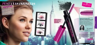 Brush close-up
38
Veryme
39
¡NUEVO!
Very Me Extendalash Mascara
Máscara de Pestañas Extendalash Very Me
¡Tres máscaras de pestañas en una! La máscara
Extendalash alarga, riza y deﬁne y separa las
pestañas gracias a su exclusivo cepillo. 8 ml.
26024 8,95€
5,95€
DEFINE
DEFINE
RIZA
RIZA
ALARGA
ALARGA
SECRETOS DE BELLEZA:
UN CEPILLO REVOLUCIONARIO
Si buscas una máscara de pestañas que alargue,
rice y separe tus pestañas,¡la Máscara
Extendalash es justo lo que buscas! Gracias a su
revolucionario cepillo plástico con diminutas
púas al ﬁnal de cada cerda,las pestañas se alargan
desde la raíz,se rizan de forma increíble y se
deﬁnen y separan las unas de
las otras.
Frédérique, Desarrollo de
Productos de Belleza
Vista del cepillo
POR ORIFLAME
PESTAÑAS INFINITAS
NUEVOS HORIZONTES
Si quieres que tu estilo sea
creativo y diferente,prueba
colores extremos,fórmulas
nuevas,combinaciones de texturas.
¡ConVeryMe alcanzarás tus
looks más imposibbles!
 