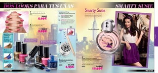 24601Silver
24602Fuchsia
24603Gold
24599Pink
24600Black
24598 Blue




Veryme
4544
NUEVOS HORIZONTES
DECORATUS
UÑAS
2. DESTELLOS: humedece la punta
del stick para coger los destellos de
uno en uno.Aplícalos presionando
suavemente sobre la uña con el
esmalte seco.
1.
ESMALTE:Extiende tu Base de
Uñas Grafﬁti favorita – hemos
usado el 24602 Fuchsia.
2.ESMALTE GRAFFITI
EFECTO ROMPEDOR
1.BASE GRAFFITI
COLORES INTENSOS
Un divertido aroma que captura
la esencia de un romance juvenil
con esencia deVioletas y Pachuli.
Floral y afrutado
 Smarty Susie Eau de Toilette
Eau de Toilette Smarty Susie
Descubre los secretos del amor con el aroma
de Smarty Susie. Labios en rojo intenso,
mejillas sonrosadas y el aroma ﬂoral de
Violetas y Pachuli. La combinación perfecta
para ser irresistible. 50 ml.
25387 24,00€
12,95€
 Very Me Nail Grafﬁti Base Coat
Base de Uñas Grafﬁti Very Me
8 ml.
8,95€
5,95€
 Very Me Nail Grafﬁti Top Coat
Esmalte Grafﬁti Very Me
8 ml.
8,95€
5,95€
 Glitter Nail Art Decoration
Destellos Decorativos para
Uñas Very Me
100 destellos + stick aplicador.
24378 11,00€
6,95€
1. Aplica 1 ó 2
capas de Base
Grafﬁti y deja secar.
2.Aplica 1 ó 2
capas de Esmalte
Grafﬁti y deja secar.
3.¡Espera
y verás…!
BASE GRAFFITI 
DESTELLOS DECORATIVOS
BASE GRAFFITI
 ESMALTE
GRAFFITI
La modelo lleva:Base Graﬁtti 24602 Fuchsia / Esmalte
Graﬁtti 24599 Pink
DOS LOOKS PARA TUS UÑAS SMARTY SUSIE
 