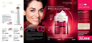 

52 53
Time Reversing
SkinGenist™ Day
Cream SPF 15
Crema de Día Time
Reversing
SkinGenist™ SPF 15
50 ml.
24181 32,00€
Time Reversing
SkinGenist™ Night
Cream
Crema de Noche
Time Reversing
SkinGenist™
50 ml.
24184 32,00€
Time Reversing
SkinGenist™ Instant
Smooth Capsules
Cápsulas Time
Reversing
SkinGenist™
30 uds.
24189 38,00€
¡NOS
ENCANTA!
+ 45Pieles
maduras
Crema de noche
antienvejecimiento
rellenadora
Atención:¡Noingerir!
Crema de día
que restaura
la densidad
de la piel
Y
Cada una
¡PRUÉBALAS HOY
y quiérelas para
SIEMPRE!
Poderoso nutriente antienvejecimiento derivado de la Soja,
que actúa a nivel genético. Seleccionado tras casi diez
años de exhaustivas investigaciones y encapsulado para llegar
a las capas más profundas de la piel, es la solución deﬁnitiva
para la piel madura.
Exclusivo complejo de péptidos que restauran y redensiﬁcan
la matriz de la piel reduciendo las arrugas y mejorando
la apariencia del óvalo facial.
Belleza de la piel madura
+55Pieles muy
maduras
Time Reversing SkinGenist™
Multi-Cleanser
Limpiadora Rejuvenecedora
Time Reversing SkinGenist™
Limpiadora cremosa rejuvenecedora
con agentes hidratantes
y GenisteinSOY
para una piel limpia,
suave y radiante. Aplicar con un disco
de algodón de día y de noche antes
de aplicar tu tratamiento hidratante
habitual. 150 ml.
25261 19,00€
12,95€
 Time Reversing Intense SkinGenistII
™
Day Cream SPF 15
Crema de Día Antienvejecimiento SPF 15
Time Reversing Intense SkinGenistII
™
50 ml.
24185 38,00€
 Time Reversing Intense SkinGenistII
™
Night Cream
Crema de Noche Antienvejecimiento
Time Reversing Intense SkinGenistII
™
50 ml.
24188 38,00€ 22,95€
ELABCDETUPIEL
TU OPINIÓN*
¿Te gustaría parar el tiempo al
llegar a la menopausia?
Ha llegado el momento de experimentar
los maravillosos beneﬁcios de las Cremas
de Día y de NocheTime Reversing Intense.
• Utiliza ambas cremas para rellenar de
forma más efectiva las arrugas y suavizar
la piel.
• Notarás una mejora signiﬁcativa del óvalo
facial y una complexión de la piel radiante
y rejuvenecida.
¡Me encanta esta línea! Llevo sólo dos semanas
utilizando la Crema de Día y ya noto mi piel
mucho mejor. Hay que masajearla muy bien para
que la piel la absorba.Yo tengo piel mixta y a pesar
de los cambios que experimenta la piel con la
edad, me va de maravilla.
María Rosario
España
*12 valoraciones alrededor del mundo
GGGGGGGGG
Time Reversing
SkinGenist™ Day
 Night Essence
Serum Día y Noche
Time Reversing
Skin Genist™
30 ml.
24217 36,00€
SPF
15
Limpia, nutre
y rejuvenece
la piel madura
Rejuvenece y restaura la
 