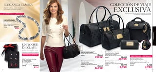 




Dazzling Earring Set
Set de Pendientes Dazzling
Sin Níquel. Medidas:
Par 1: 4 mm diámetro,
Par 2: 1.4 x 8 mm;
Par 3: largo 4 cm, abalorio 1 x 8 mm.
24010 15,00€
6,95€
ELEGANCIA CLÁSICA
EXISTENCIAS LIMITADAS
EXISTENCIAS LIMITADAS
Diamond Night Necklace
Collar Diamond Night
Exquisitos abalorios perlados que
completarán tu look de día o de
noche. Presentado con bolsito de
organza. Largo: 50 cm.
21184 19,00€
7,95€
 Orchid Collection Cosmetic Pouch
Neceser Orquídea
Tamaño: 19.5 x 10.2 x 10.5 cm. Accesorio.
24236 12,00€
6,95€
 Orchid Collection Beauty Case
Maletín de Belleza Orquídea
Materiales: PVC, Poliéster.
Tamaño: 36 x 20 x 30 cm. Accesorio.
24237 50,00€
29,95€ Orchid Collection Handbag
Bolso Orquídea
Materiales: PVC, Poliéster.
Tamaño: 33 x 18 x 21 cm. Accesorio.
24238 29,00€
16,95€
 Orchid Collection Travelbag
Bolsa de Viaje Orquídea
Tamaño: 45 x 25 x 33 cm. Accesorio.
24239 35,00€
19,95€  Orchid Collection Charm
Colgante-llavero Orquídea
Orquídea dorada para decorar tu bolso.
¡Llévalo también como llavero. Largo: 17 cm.
Accesorio
24987 9,00€
4,95€
 Orchid Collection Charm
EXISTENCIAS LIMITADAS
80
Elegante collar, un básico en tu joyero
que combina con todos tus looks
UN TOQUE
DE CLASE
¡Perfecto para completar 3 looks
diferentes o también para regalar!
COLECCIÓN DE VIAJE
EXCLUSIVAEstas vacaciones, deja que la Colección Orquídea
te acompañe vayas donde vayas.
complementos
81
 