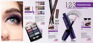 12814 Black
12814Black
12815 Brown
12815Brown
24809 Sand & Green
24808 Nude & Grey
24810 Midnight & Pink
24810 Midnight & Pink
10782 Black
10782Black
10784 Prune
a
b
c
98
a Pure Colour Eye Shadow Palette
Mini-Paleta de Sombras de Ojos
Pure Colour
Fantástica paleta de sombras de ojos
para crear todas las combinaciones
que quieras en tu mirada.
¡Combínalas o úsalas por separado!
8 tonos en cada paleta. Aplicador
incluído. 4.8 g.
 18,00€
 9,95€
b Oriflame Beauty Eye Liner Stylo
Delineador de Ojos Stylo
Oriflame Beauty Negro
Delineador de aplicación precisa.
Fórmula de secado rápido y sin
borrones. 1.6 g.
 11,95€
 6,95€
Delinea el párpado superior
creando un doble rabillo en la
parte externa del ojo.
1
2
3
123
Paso
Paso
Paso
Gira el cepillo mientras elevas
las pestañas. Peina tus pestañas
con las cerdas largas, para
alargar y separar.
TENDENCIAS
ESTILO EN TU MIRADA bajo el sol …
Elige los tonos de sombras
que mejor se adapten a tu
color de ojos:
Ojos grises: azules/grises/negros
Ojos azules: marrones/tierras
Ojos verdes: malvas/morados/lilas
Ojos marrones: marrones/lavandas
c Oriflame Beauty
Wonder Lash Mascara
Máscara de Pestañas
WonderLash
¡Pestañas impactantes!
Su revolucionario aplicador 3D
de alta definición levanta y alarga
las pestañas en cuestión de segundos
separándolas una a una. 8 ml.
 11,95€
 6,95€
La modelo lleva: Mini-Paleta de Sombras de Ojos Pure Colour 24810 Midnight 
Pink, Delineador de Ojos Stylo Oriflame Beauty Negro 12814 Black, Máscara de Pesta-
ñas WonderLash 10782 Black.
 