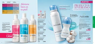 








100
 Activelle Anti-perspirant
24h Deodorant Pure Care
Desodorante Roll-On
Antitranspirante
Activelle Pure Care
50 ml.
23718 5,95€
 Activelle Anti-perspirant
24h Deodorant Pure Care
Spray Desodorante
Antitranspirante
Activelle Pure Care
150 ml.
23719 7,95€
 Activelle Anti-perspirant
24h Deodorant Invisible
Desodorante Roll-On
Antitranspirante
Activelle Invisible
50 ml.
23725 5,95€
 Activelle Anti-perspirant
24h Deodorant Invisible
Spray Desodorante
Antitranspirante
Activelle Invisible
150 ml.
23727 7,95€
SIN ALCOHOL
NO DEJA MANCHAS BLANCAS
DERMATOLÓGICAMENTETESTADO
PROTECCIÓN
24h
Suave y delicado
aroma ﬂoral
**Efectividad basada en test de consumo realizado en 60 mujeres.
*88% de acuerdo –Test de consumo realizado en 60 mujeres.
POLVO DE ALGODÓN
– Efectiva protección y confortable suavidad
gracias a su poder absorbente.
COMPLEJO MINERAL PROTECT
– Protección antitranspirante de conﬁanza
que asegura una total frescura y para tu piel.
 Activelle Anti-perspirant
24h Deodorant Cotton Dry
Spray Desodorante Antitranspirante
Algodón Activo Activelle
Spray desodorante de secado rápido
formulado con partículas naturales de
Algodón que ayudan a absorber el exceso
de humedad. 150 ml.
25280 7,95€
4,95€
 Activelle Anti-perspirant
24h Deodorant Cotton Dry
Desodorante Roll-On
Antitranspirante Algodón Activo
Activelle
Desodorante roll-on con partículas de
Algodón naturales absorbentes que dejan
tu piel suave y protegida durante más
tiempo. 50 ml.
25281 5,95€
3,50€
LA SUAVE CARICIA DEL ALGODÓN
Loción Corporal 400 ml
Cada una
LOCIÓN
CORPORAL
 23729 Loción Corporal
Protectora Piel Sensible
Happy Skin
 23730 Loción Corporal
Hidratante Piel Normal-Seca
Happy Skin
 23733 Loción Corporal
Nutritiva Piel Extra Seca
Happy Skin
9,95€
7,95€
PIEL
EXTRA-
SECA
Máxima aspereza y
descamación de la
piel.
Sensación de
tirantez y aspereza.
PIEL NORMAL
- SECA
PIEL
SENSIBLE
TIPO
DE PIEL
APARIENCIA
DETU PIEL
Sequedad y
sensación de
irritación.
Loción Corporal
Nutritiva con aceite
de semilla de Calabaza
que revitaliza y
acondiciona la piel.
Loción Corporal
Hidratante con aceite
de Sésamo que hidrata
y suaviza intensamente.
Loción Corporal
Protectora con aceite
de Linaza que calma
la piel sensible.
¡NUEVO!
aseopersonal
101
Sin sensación
de HUMEDAD
90% de acuerdo**
PRODUCTOSTOP
DE VERANO
¡Siéntete
bien en
tu piel!
 