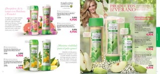 






aseopersonal
115114
 Nature Secrets Leave-in Treatment
for Normal Hair Elderﬂower  Apple
Tratamiento Acondicionador Sin
Aclarado con Manzana y Flor de
Saúco Nature Secrets
Tratamiento nutritivo sin aclarado que
ayuda a desenredar el cabello más
rebelde con extracto de Manzana
hidratante, Flor de Saúco refrescante,
Glicerina y agentes anti-estáticos para
mantener tu pelo bajo control. 150 ml.
25352 5,95€
4,95€
 Nature Secrets Conditioner
for Normal Hair Elderﬂower  Apple
Acondicionador para Cabello
Normal con Manzana y Flor de
Saúco Nature Secrets
Cremoso acondicionador con extracto
de Manzana hidratante y Flor de Saúco
refrescante. 250 ml.
25350 5,95€
4,95€
 Nature Secrets Shampoo
for Normal Hair Elderﬂower  Apple
Champú para Cabello Normal
con Manzana y Flor de Saúco
Nature Secrets
Fórmula ligera para cabello normal
con extracto de Manzana hidratante
y refrescante Flor de Saúco. 250 ml.
25353 5,95€
4,95€
– un secreto natural –
¡Naturalmente fresco,
increíblemente sano!
Despídete del pelo graso y
apagado para recuperar la salud
y el brillo perdidos. El extracto
de Ortiga estimula y reduce la
grasa del cabello mientras que
el Limón puriﬁca y le devuelve
toda su luminosidad.
No dejes que la caspa estropee
tu peinado y prueba la nueva
línea anti-caspa de Nature
Secrets con Bardana y Pomelo.
¡Los mejores ingredientes
procedentes de la naturaleza
que harán que tu pelo luzca
suave, sano, y sin caspa!
 Nature Secrets Shampoo
for Greasy Hair Nettle  Lemon
Champú para Cabello Graso con
Ortiga y Limón Nature Secrets
250 ml.
22701 5,95€
4,95€
 Nature Secrets Conditioner
for Greasy Hair Nettle  Lemon
Acondicionador para Cabello Graso
con Ortiga y Limón Nature Secrets
250 ml.
22702 5,95€
4,95€
 Nature Secrets Shampoo
Anti-Dandruff with Burdock  Grapefruit
Champú Anti-Caspa con Bardana
y Pomelo Nature Secrets
250 ml.
22694 5,95€
4,95€
 Nature Secrets Conditioner
Anti-Dandruff with Burdock  Grapefruit
Acondicionador Anti-Caspa con
Bardana y Pomelo Nature Secrets
250 ml.
22695 5,95€
4,95€
¡Despídete de la
caspa con Bardana
y Pomelo!
¡Máxima vitalidad
para el pelo graso!
Hidrata y
desenredaCuero
cabelludo suave
y limpio
¡Estimula el
cuero cabelludo!
¡Desenreda
y revitaliza!
Tratamiento
nutritivo
acondicionador
sin aclarado
Suave
acondicionador
para un pelo más
manejable
Champú ligero
de textura
cremosa
AROMAS DELICIOSOS
PARA QUETU CABELLO
BRILLE BAJO EL SOL
PRODUCTOSTOP
DE VERANO
 