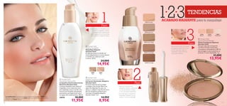 22740
Natural
22741
Medium
22851
Translucent
22721 Porcelain
22722 Light Ivory
22723 Natural Beige
22725 Dark Beige

23809Sand
23809
Sand
23810
Rose 

22741 Medium

22724 Golden Beige
1110
 Giordani Gold
Nourishing Cleansing Milk
Limpiadora Antienvejecimiento
Nutritiva Giordani Gold
Cremosa limpiadora que elimina el
maquillaje y otras impurezas de la
piel, dejándola suave y nutrida. Con
extracto de Orquídea antioxidante
que hidrata y protege la piel contra
los signos del envejecimiento. 200 ml.
24574 18,00€
11,95€
 Giordani Gold
Adaptive Luminous Concealer
Corrector Iluminador Adaptive
Giordani Gold
Fórmula mejorada que se adapta
a cualquier tono de piel. Borra los
signos de fatiga bajo los ojos, las
ojeras o cualquier imperfección de la
piel. El compañero perfecto para
usar bajo el maquillaje Adaptive
Giordani Gold. 7 ml.
14,95€
8,95€
 Giordani Gold
Adaptive Foundation
Maquillaje Adaptive
Giordani Gold
Su delicada textura se funde con
tu piel adaptándose a tu tono natural
y creando una cobertura sutil
y natural. 30 ml.
24,00€
14,95€
123TENDENCIAS
1Paso
Puedes aplicar la limpiadora con
un disco de algodón y retirar
o directamente sobre la piel
seca masajeando con las yemas
de los dedos y después aclarar.
2Paso
• Aplica el corrector con
pequeños toques y extiéndelo
con las yemas de los dedos
o con una brocha especíﬁca.
• A continuación extiende el
Maquillaje Adaptive con las
manos o con una esponjilla.
3Paso
Para terminar, aplica los polvos
compactos (sobre todo en la
zonaT) para ﬁjar mejor el
maquillaje y dotarlo de una
mayor permanencia.
ACABADO RADIANTE para tu maquillaje
La modelo lleva: Corrector Iluminador Adaptive Giordani Gold 23809 Sand,
Maquillaje Adaptive Giordani Gold 22722 Light Ivory, Polvos Compactos Supreme
Giordani Gold 22741 Medium.
 Giordani Gold
Supreme Pressed Powder
Polvos Compactos Supreme
Giordani Gold
Fórmula mejorada enriquecida
con Polvo de Seda restaurador
y suavizante, antioxidantes y SPF 10
que protegen tu piel y potencian su
juventud. 3 tonos disponibles. 7 g.
21,00€
13,95€
 