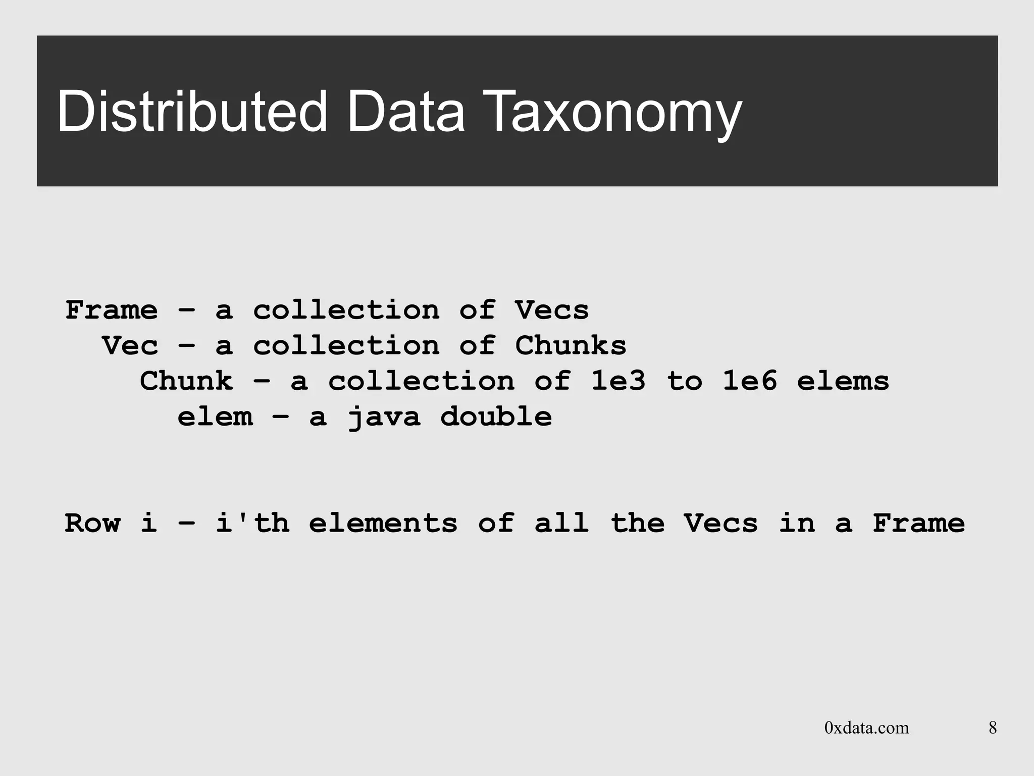 0xdata.com 8
Distributed Data Taxonomy
Frame – a collection of Vecs
Vec – a collection of Chunks
Chunk – a collection of 1e3 to 1e6 elems
elem – a java double
Row i – i'th elements of all the Vecs in a Frame
 