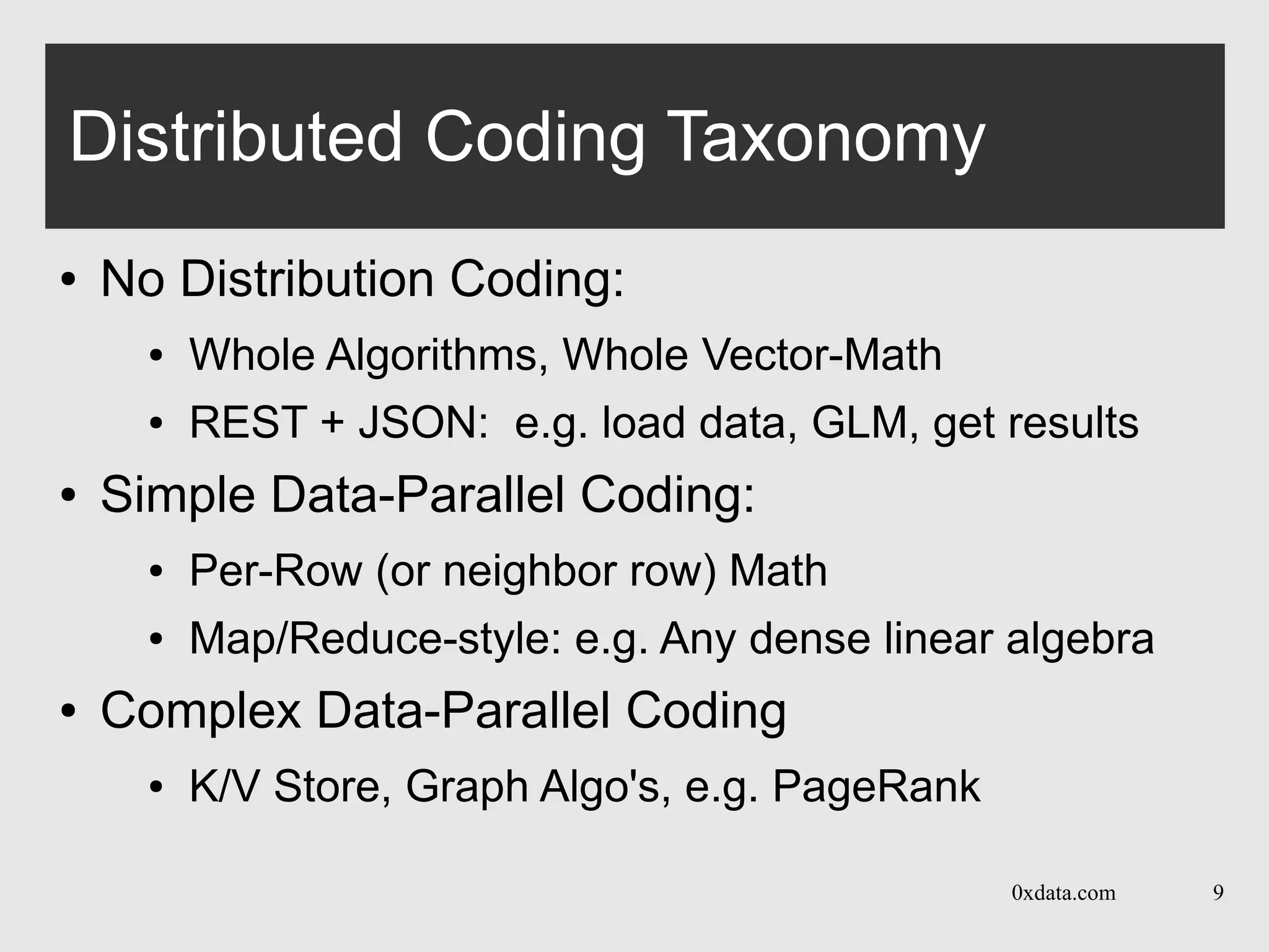 0xdata.com 9
Distributed Coding Taxonomy
● No Distribution Coding:
● Whole Algorithms, Whole Vector-Math
● REST + JSON: e.g. load data, GLM, get results
● Simple Data-Parallel Coding:
● Per-Row (or neighbor row) Math
● Map/Reduce-style: e.g. Any dense linear algebra
● Complex Data-Parallel Coding
● K/V Store, Graph Algo's, e.g. PageRank
 