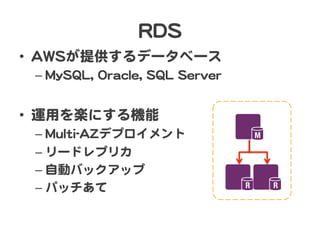 RRDDSS  
•  AAWWSSが提供するデータベース  
– MMyySSQQLL,,  OOrraaccllee,,  SSQQLL  SSeerrvveerr  
•  運用を楽にする機能  
– MMuullttii--AAZZデプロイメント  
– リードレプリカ  
– 自動バックアップ  
– パッチあて  
 