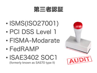 第三者認証  
• ISMS(ISO27001)
• PCI DSS Level 1
• FISMA-Modarate
• FedRAMP
• ISAE3402 SOC1
(formerly known as SAS70 type II)
 