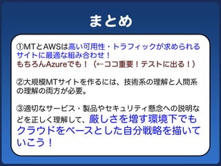 まとめ  
①MTとAWSは高い可用性・トラフィックが求められる
サイトに最適な組み合わせ！
もちろんAzureでも！（←ココ重要！テストに出る！）
②大規模MTサイトを作るには、技術系の理解と人間系
の理解の両方が必要。
③適切なサービス・製品やセキュリティ懸念への説明な
どを正しく理解して、厳しさを増す環境下でも
クラウドをベースとした自分戦略を描いて
いこう！
 