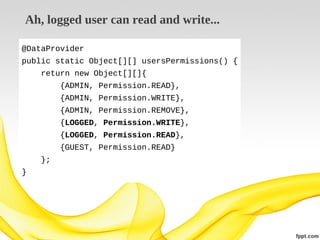 Ah, logged user can read and write...
@DataProvider
public static Object[][] usersPermissions() {
return new Object[][]{
{ADMIN, Permission.READ},
{ADMIN, Permission.WRITE},
{ADMIN, Permission.REMOVE},
{LOGGED, Permission.WRITE},
{LOGGED, Permission.READ},
{GUEST, Permission.READ}
};
}

 