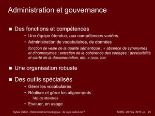 Sylvie Dalbin - Référentiel terminologique : de quoi parle-t-on ? ADBS - 26 Nov. 2013 - p. 25
Administration et gouvernanc...