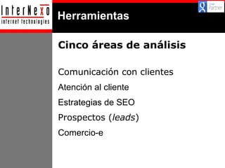 Herramientas
Cinco áreas de análisis
Comunicación con clientes
Atención al cliente
Estrategias de SEO
Prospectos (leads)
Comercio-e

 