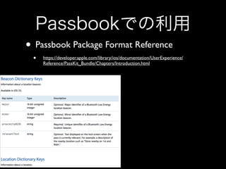 Passbookでの利用
• Passbook Package Format Reference	

•

https://developer.apple.com/library/ios/documentation/UserExperience/
Reference/PassKit_Bundle/Chapters/Introduction.html

 