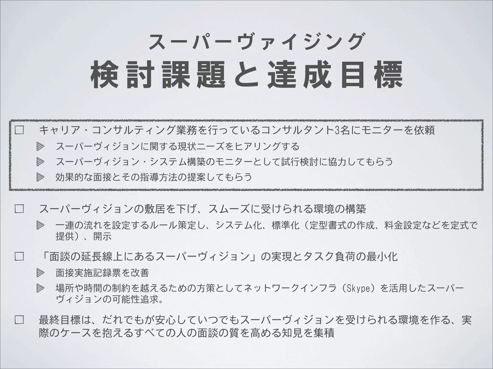 ス ー パ ー ヴ ァ イ ジ ン グ
検討課題と達成目標
キャリア・コンサルティング業務を行っているコンサルタント3名にモニターを依頼
スーパーヴィジョンに関する現状ニーズをヒアリングする
スーパーヴィジョン・システム構築のモニターとして試行検討に協力してもらう
効果的な面接とその指導方法の提案してもらう

スーパーヴィジョンの敷居を下げ、スムーズに受けられる環境の構築
一連の流れを設定するルール策定し、システム化、標準化（定型書式の作成、料金設定などを定式で
提供）、開示

「面談の延長線上にあるスーパーヴィジョン」の実現とタスク負荷の最小化
面接実施記録票を改善
場所や時間の制約を越えるための方策としてネットワークインフラ（Skype）を活用したスーパー
ヴィジョンの可能性追求。

最終目標は、だれでもが安心していつでもスーパーヴィジョンを受けられる環境を作る、実
際のケースを抱えるすべての人の面談の質を高める知見を集積

 